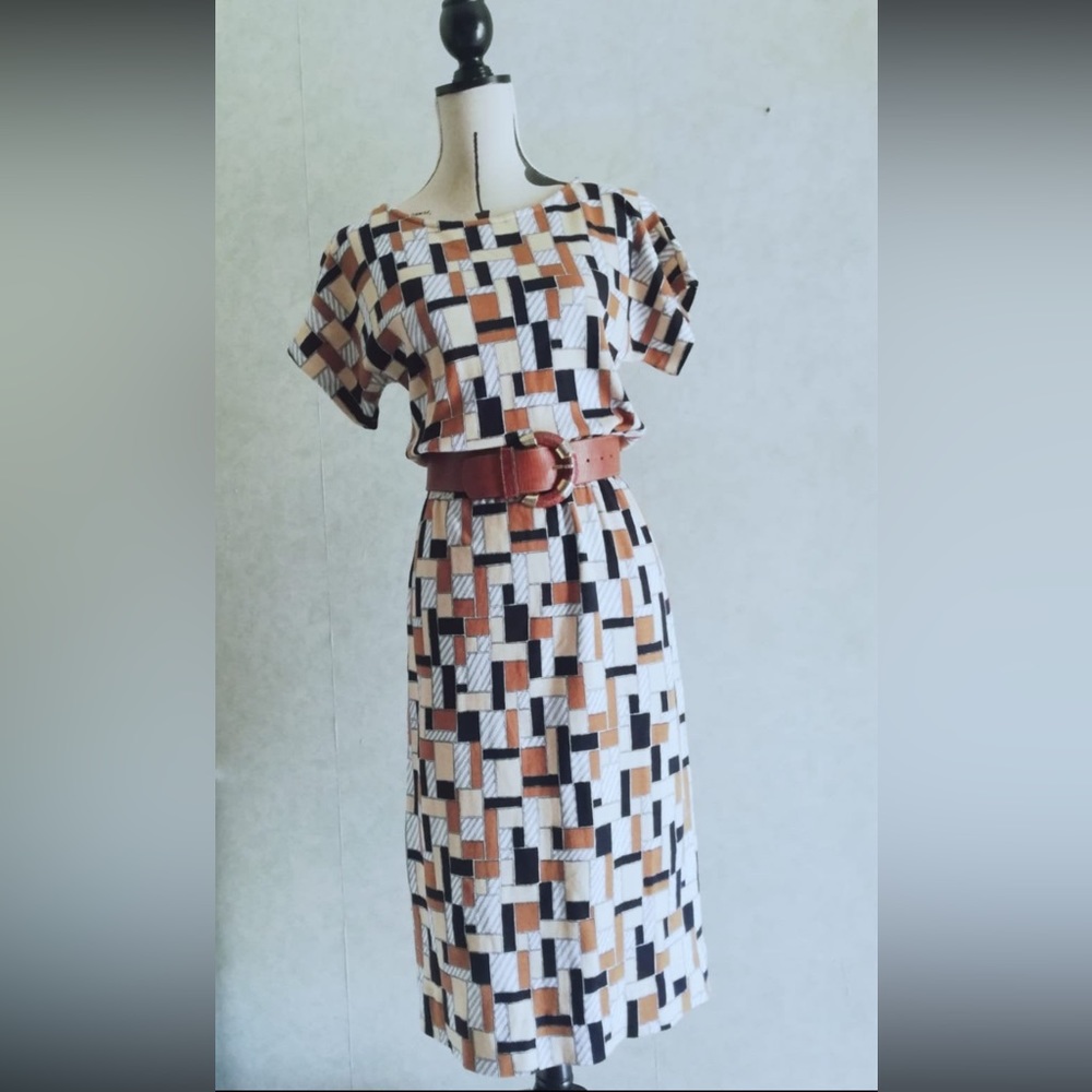 Vintage 70s Guy Laroche Cotton Geometric Print Midi Dress S or MED